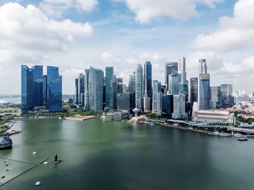 Aerial view of the Singapore CBD skyline above Marina Bay