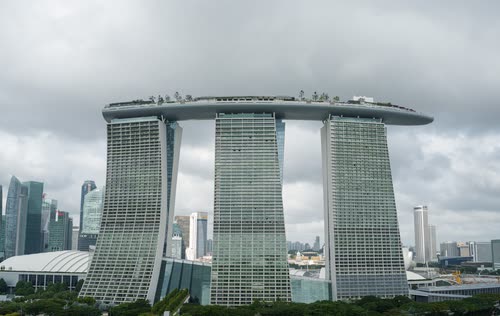 Marina Bay Sands and its rooftop SkyPark under heavy cloud, Singapore