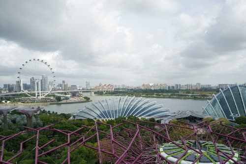 The Supertrees and conservatory domes of Gardens by the Bay under cloud, Singapore