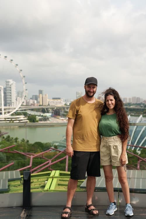 Jordy Scott and a companion on the Supertree skyway above Gardens by the Bay