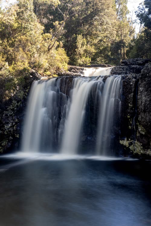 A wide waterfall spilling into a dark pool in Tasmanian forest