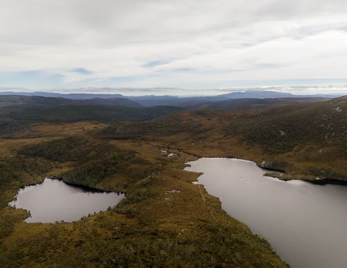 Aerial view of two tarns on the buttongrass moorland of the Tasmanian highlands