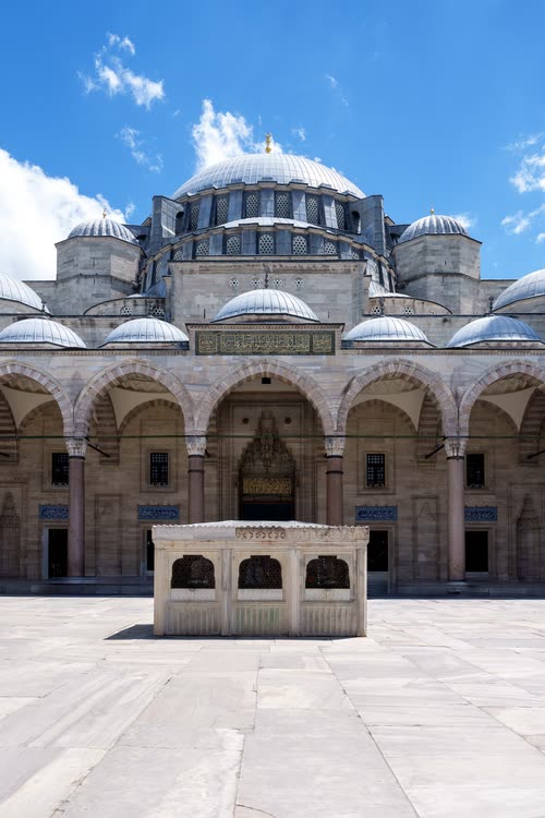 The domes and arcaded courtyard of the Suleymaniye Mosque, Istanbul