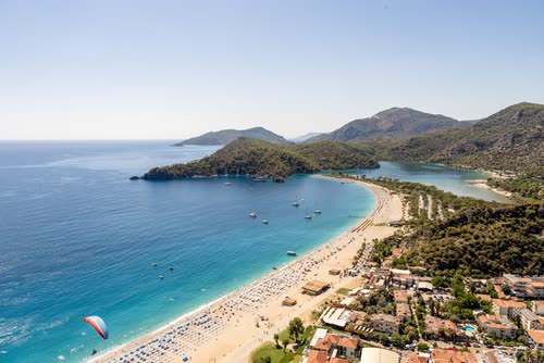 Aerial view of Belcekiz beach and the resort strip at Oludeniz, Turkey