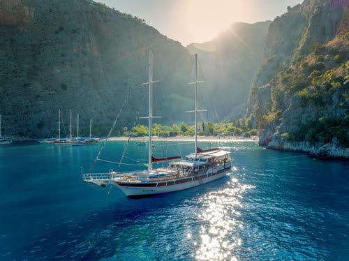 A gulet anchored in a turquoise bay below steep pine ridges, Turkey