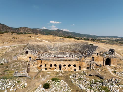 The ruined stage building of the Roman theatre at Hierapolis, Turkey