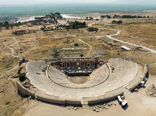 Aerial view of the Roman theatre and ruins at Hierapolis, Turkey