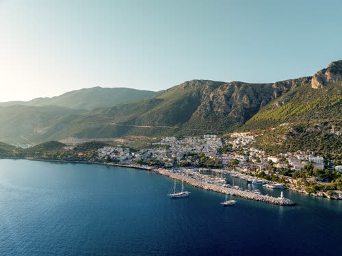 Aerial view of the town and harbour of Kas on the Turkish coast
