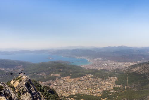 Aerial view over the ridges and coastal plain around Fethiye, Turkey