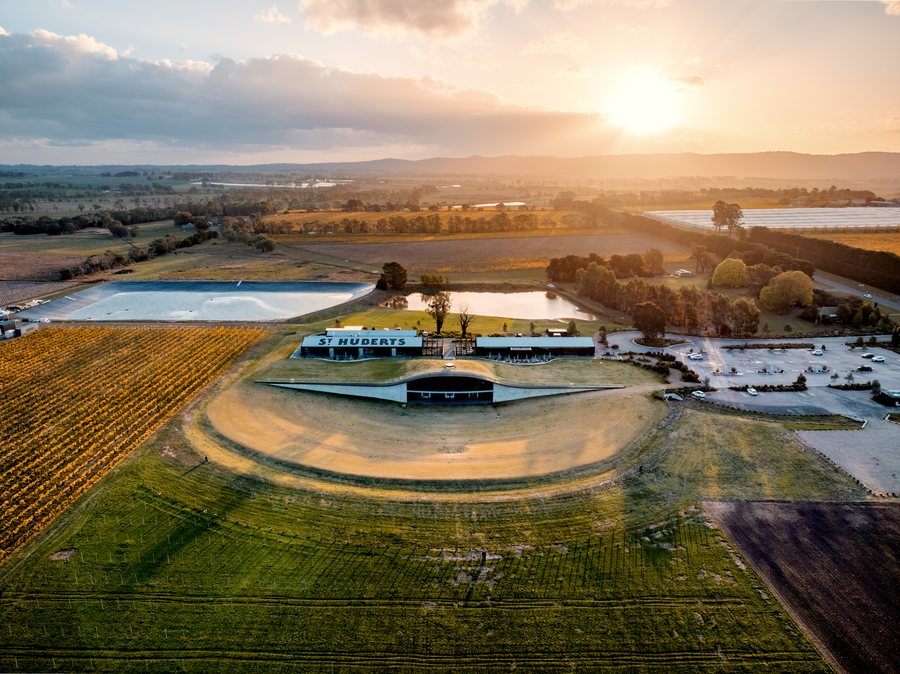 Aerial view of St Huberts winery and its vineyard rows in the Yarra Valley