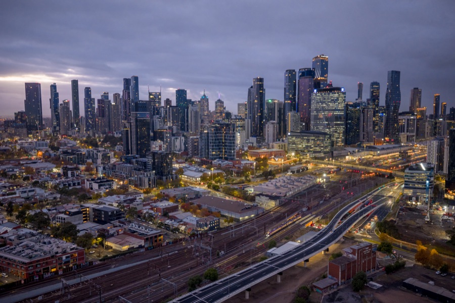 Aerial view of the Melbourne city skyline at twilight