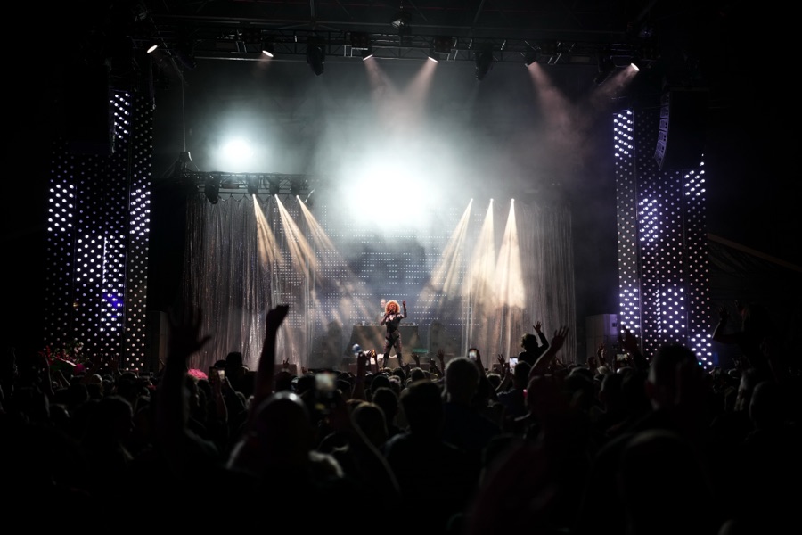 Stage lighting over a live music performance