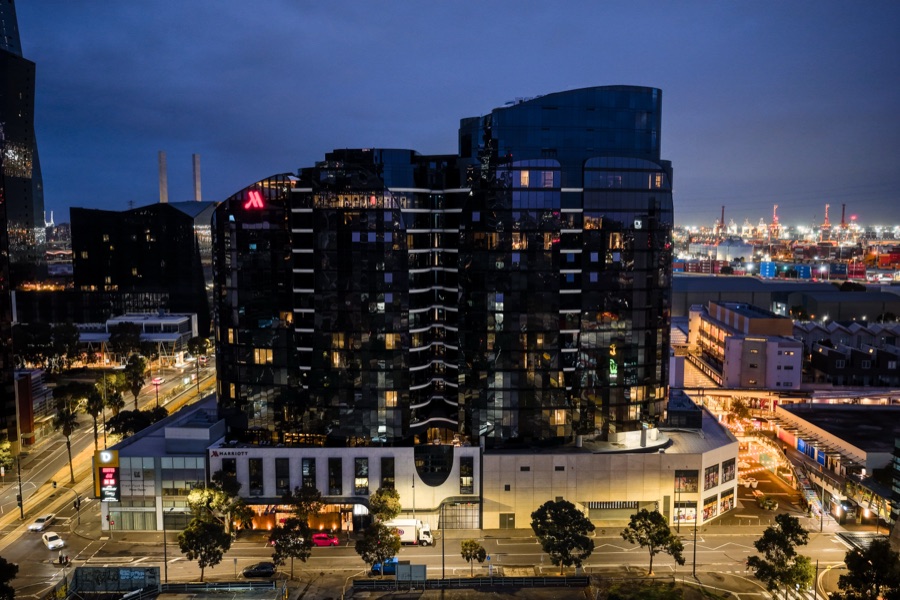 Aerial of the Melbourne venue at dusk before a corporate event