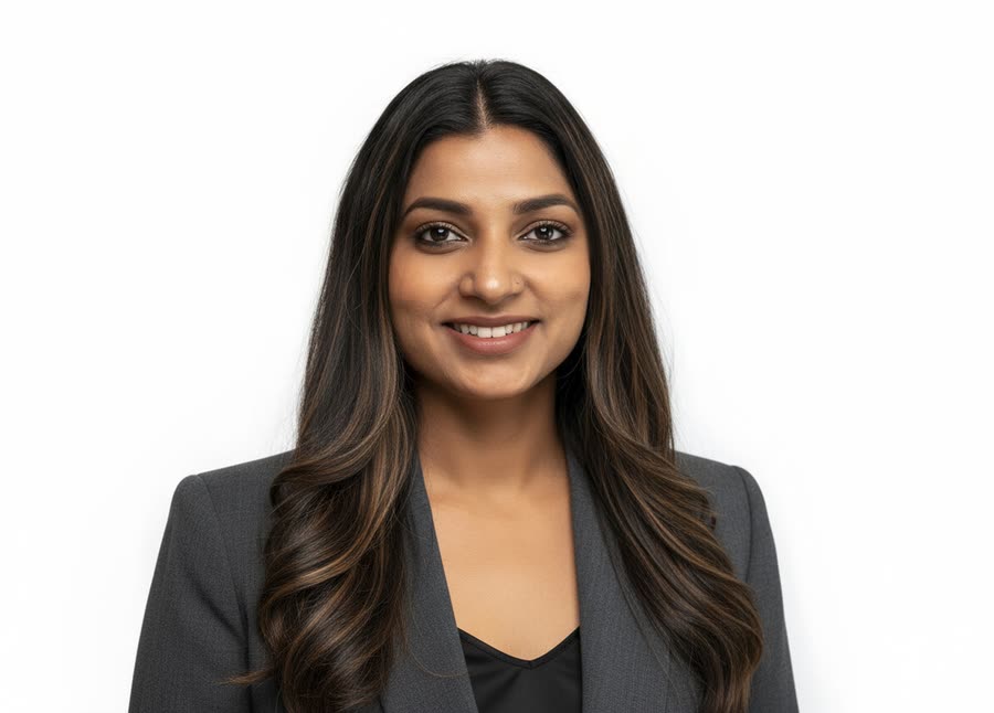 Studio headshot of a professional in a grey blazer on a white background