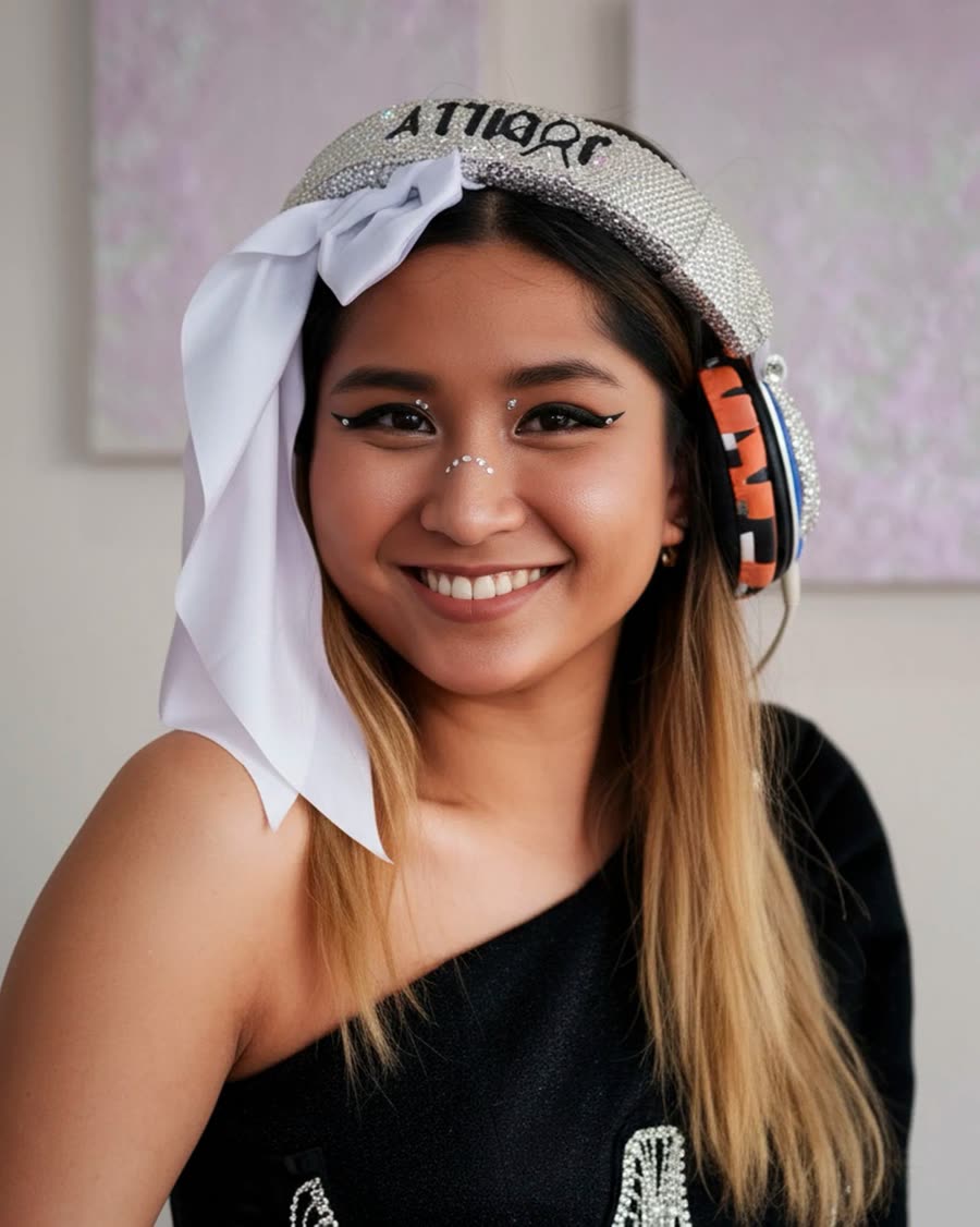 Styled portrait of a hospitality staff member in patterned headwear