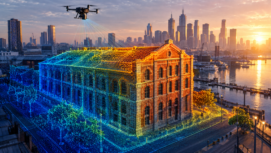 Drone LiDAR scan of a heritage brick warehouse in Melbourne Docklands at sunrise shown as a colourised point cloud