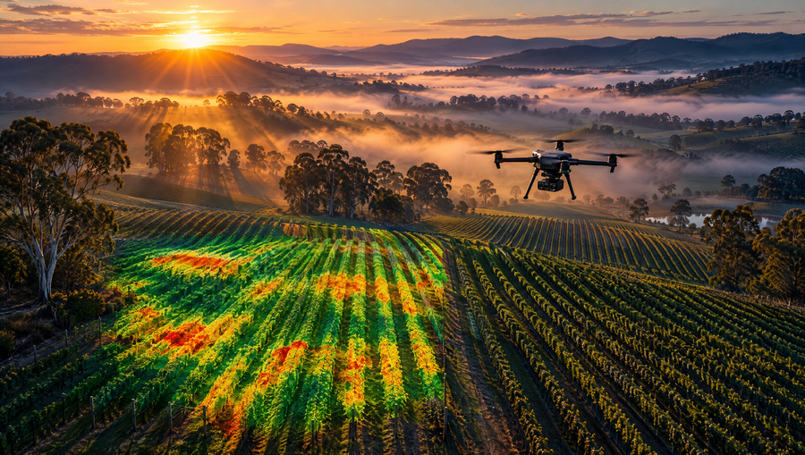 Drone over a misty Yarra Valley vineyard at sunrise with a multispectral crop health map across the vines