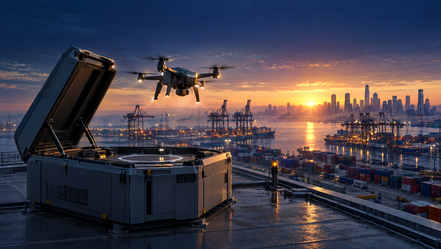 Drone lifting off from a docking station on a Port of Melbourne warehouse roof at dawn for a security patrol
