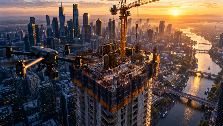 Mapping drone above a high rise tower under construction in the Melbourne CBD at sunrise