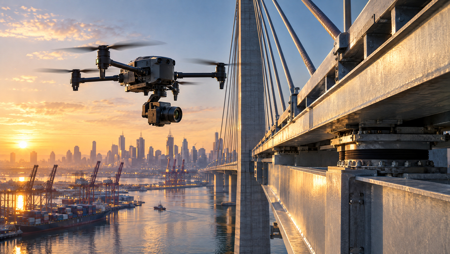 Inspection drone with a zoom camera beside a cable stayed bridge over the Port of Melbourne at sunrise
