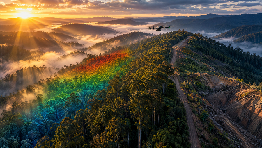 Drone over misty Dandenong Ranges forest at sunrise with a vegetation and fuel load overlay