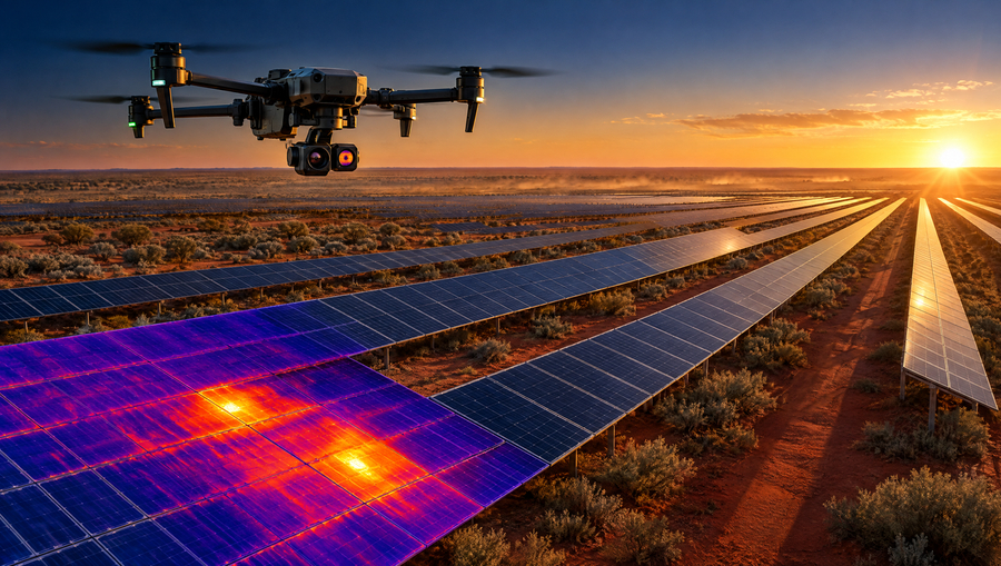 Enterprise drone with a thermal camera over an outback Australian solar farm at sunrise, thermal overlay showing two hot spot cells