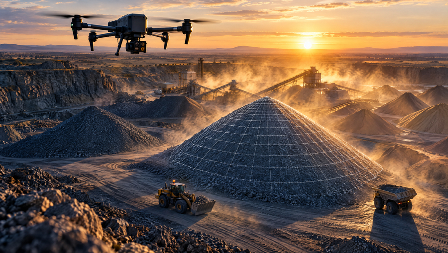 Basalt quarry west of Melbourne at sunrise with a 3D mesh measuring one stockpile, mapping drone overhead