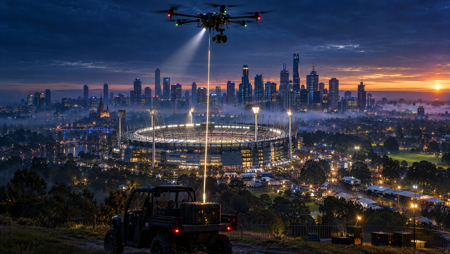 Tethered drone with a searchlight above a Melbourne stadium precinct at dawn, tether running to a ground power unit