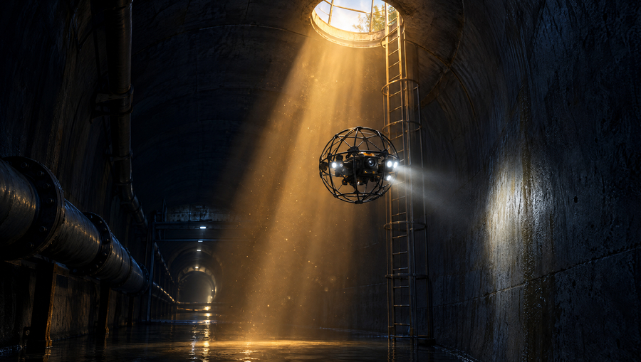 Caged inspection drone flying through a shaft of morning light inside a concrete water tunnel