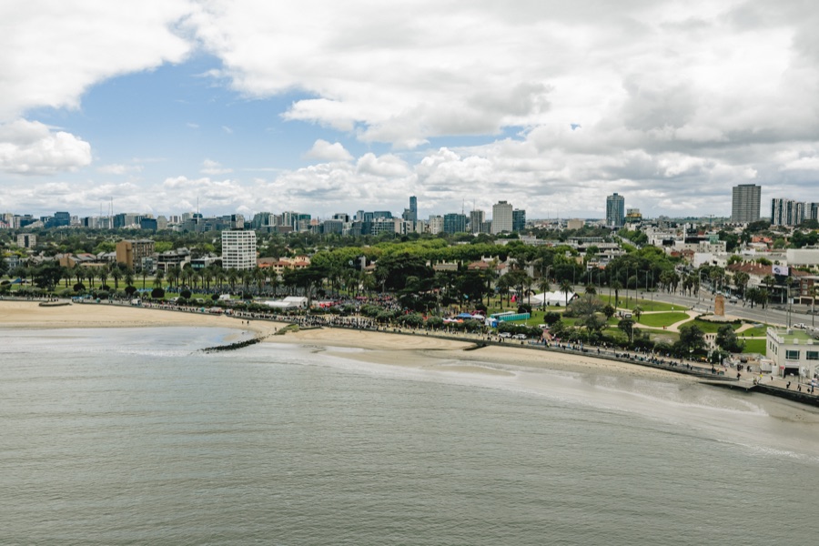 Aerial of a bayside foreshore with the city skyline beyond
