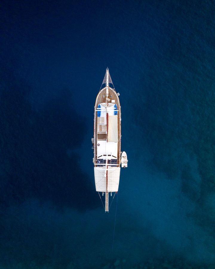 Aerial looking straight down on a boat in deep water