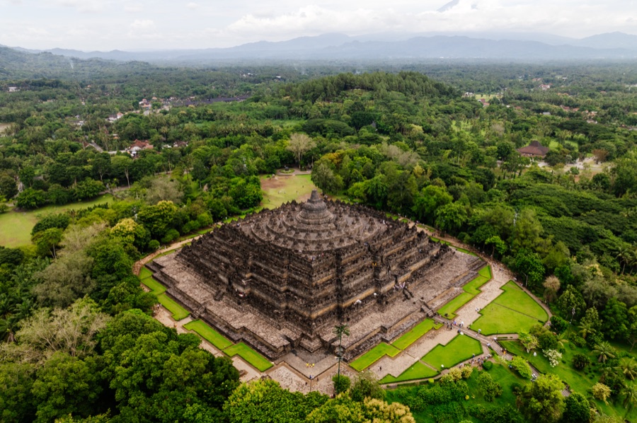 Aerial of a temple complex surrounded by jungle